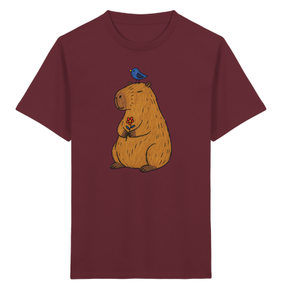 Süßes Capybara T-Shirt mit Vogel - Kinder Bio T-Shirt Vorderseite