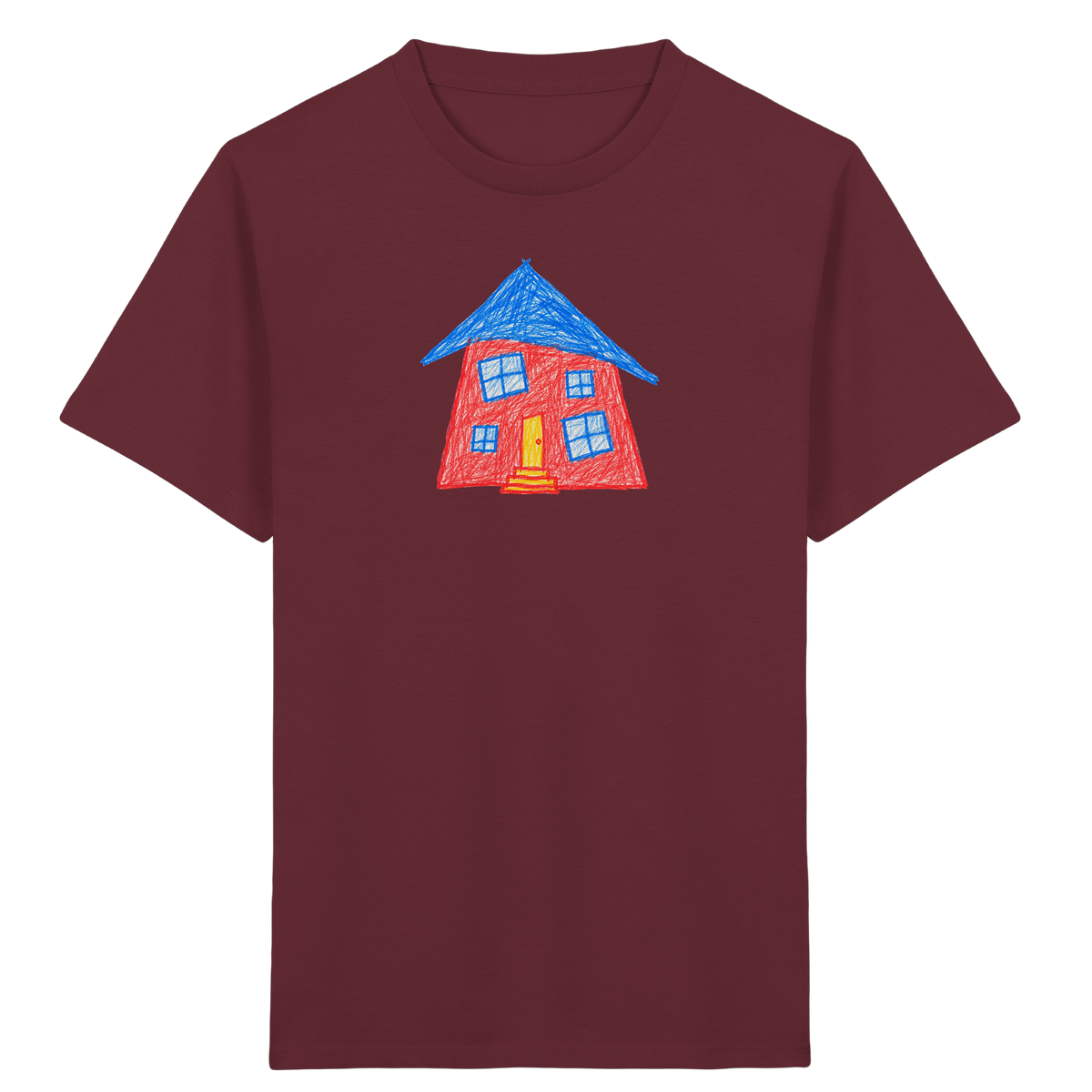 Korallenrotes Haus mit blauem Dach - Kinder Bio T-Shirt