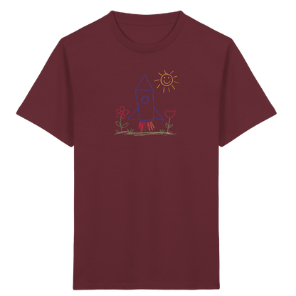 Fröhliches Raketen T-Shirt mit Kinderzeichnung - Kinder Bio T-Shirt Vorderseite