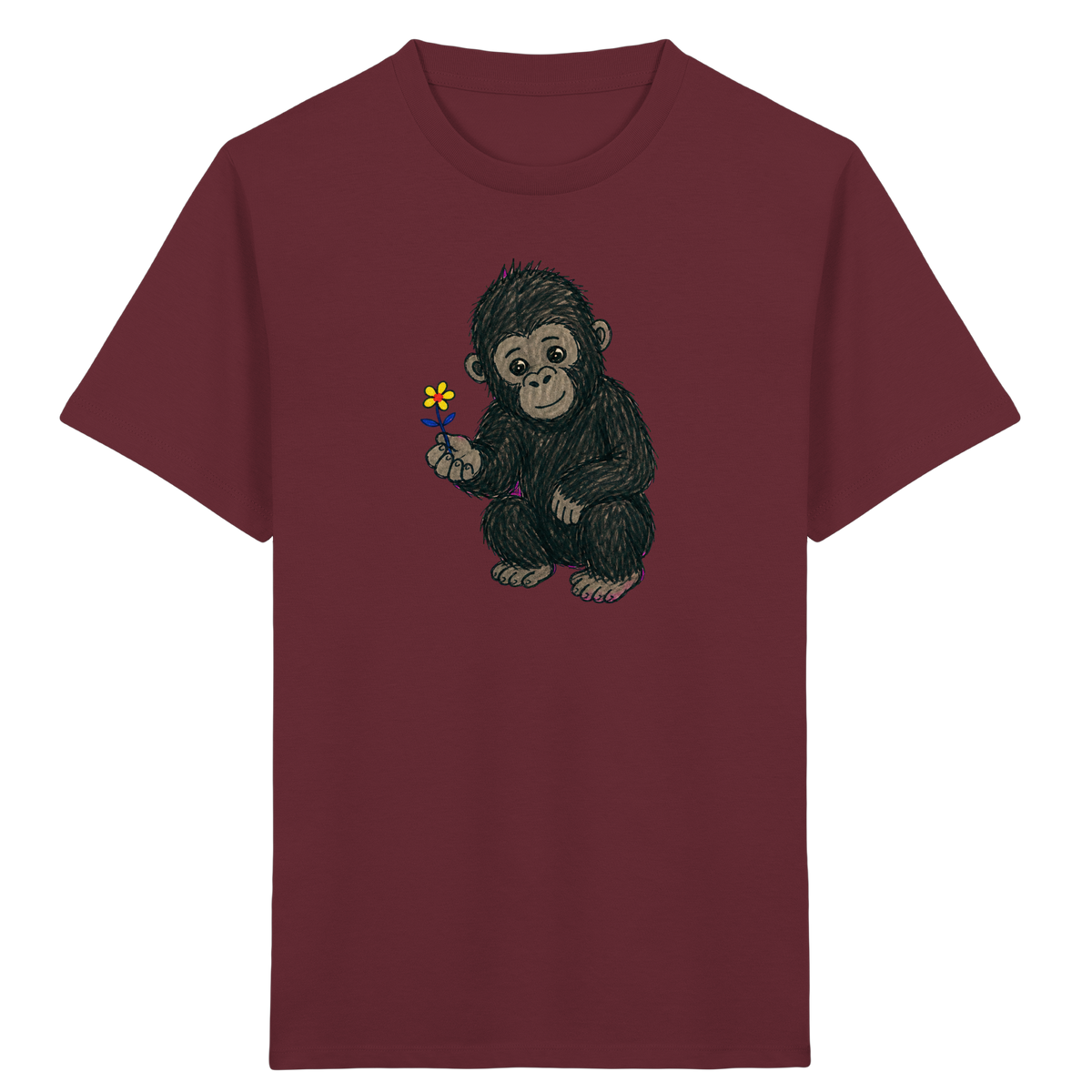 Süßes Gorilla Baby schenkt Blume - Kinder Bio T-Shirt Vorderseite