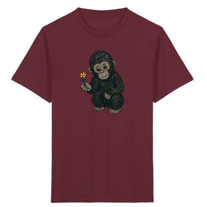 Süßes Gorilla Baby schenkt Blume - Kinder Bio T-Shirt Vorderseite