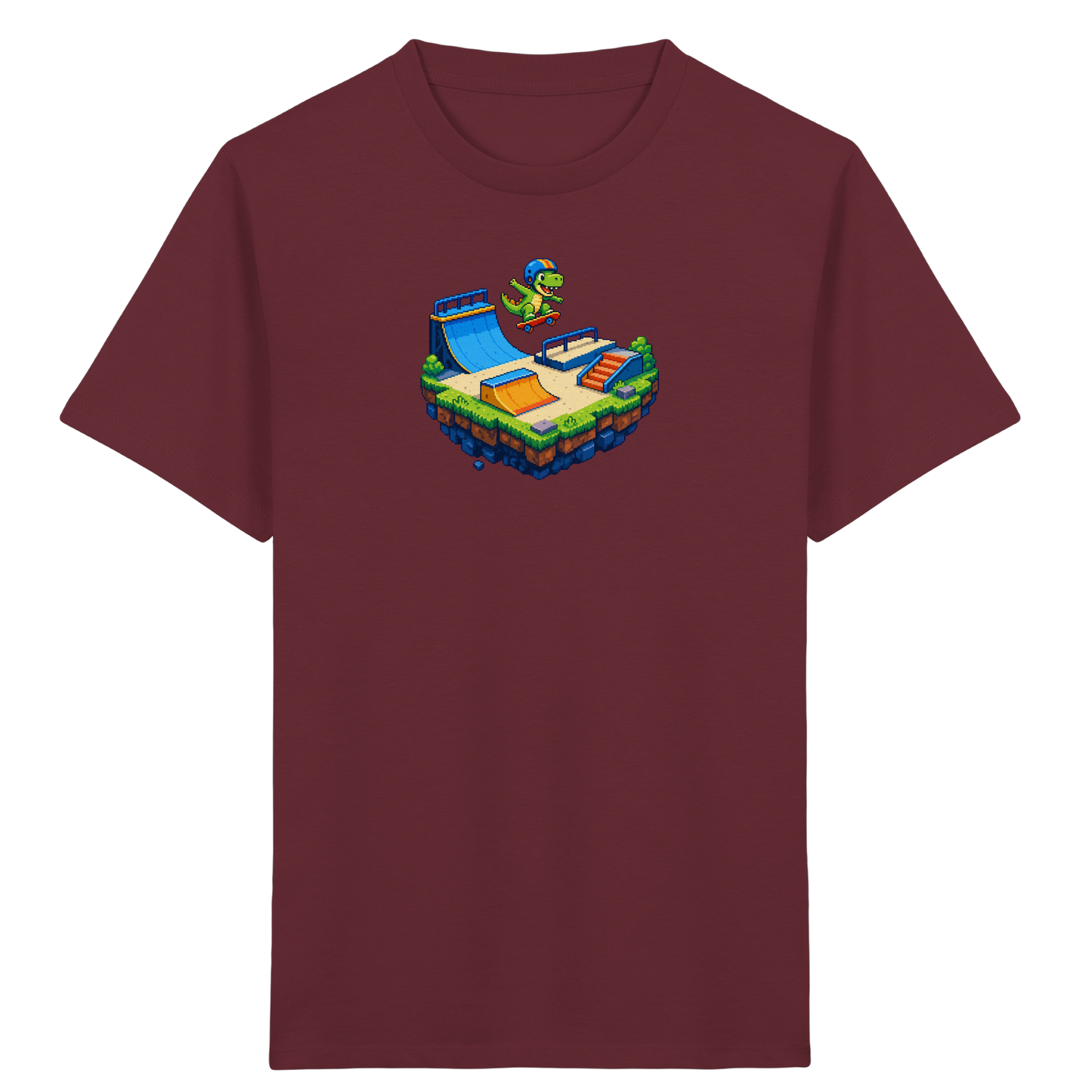 Cooles Skater Dinosaurier Pixel Shirt - Kinder Bio T-Shirt Vorderseite