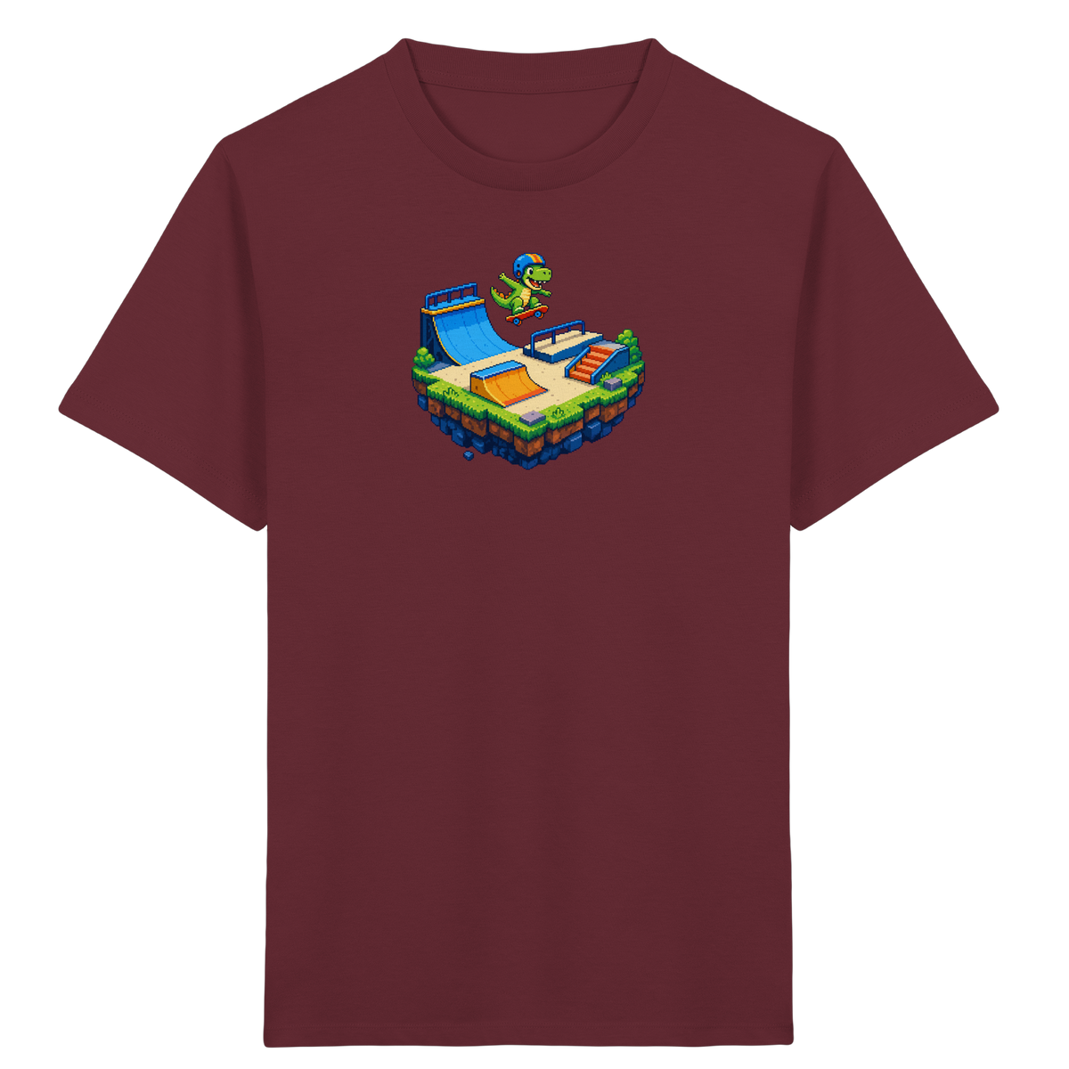 Cooles Skater Dinosaurier Pixel Shirt - Kinder Bio T-Shirt Vorderseite