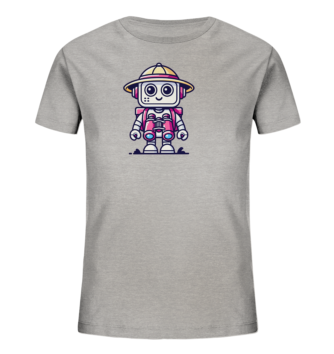 Onlineshop Shirts für Kinder - Das Bild zeigt ein graues T-Shirt für Kinder mit einem farbenfrohen Druck auf der Vorderseite. Der Druck stellt einen niedlichen Roboter im Abenteurer-Stil dar, der einen gelben Hut und ein pinkes Outfit mit Ferngläsern trägt. Der Roboter hat ein freundliches Gesicht mit großen Augen und einem Lächeln und steht auf einer kleinen braunen Fläche. Das Design ist verspielt und detailreich, ideal für Kinder, die Roboter und Abenteuer mögen.