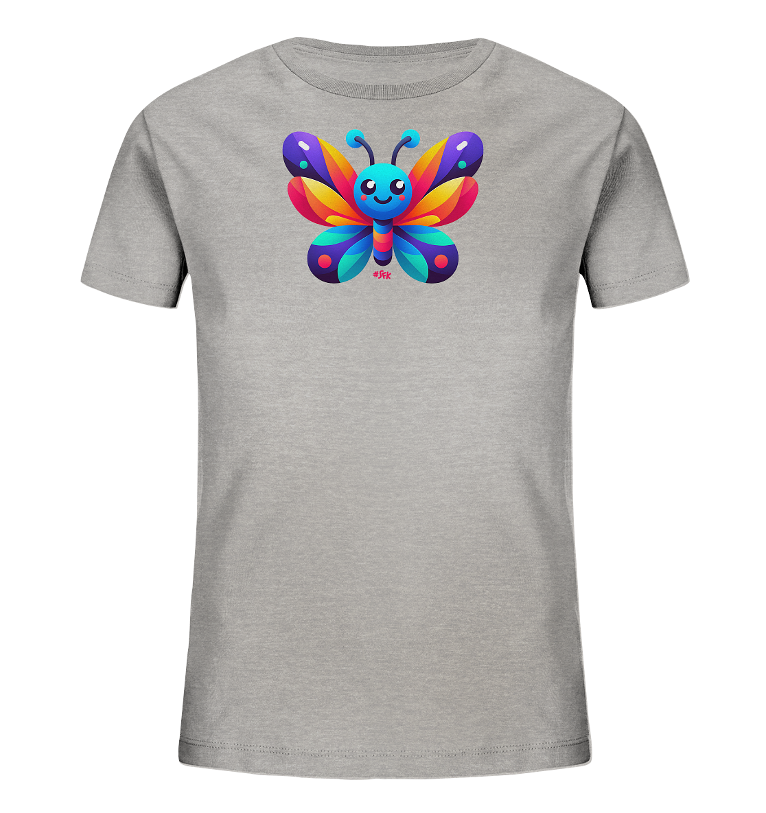 Onlineshop Shirts fuer Kinder - Das Bild zeigt ein graues Kinder-T-Shirt mit einem lebendigen Schmetterlingsmotiv auf der Vorderseite. Der Schmetterling ist im Cartoon-Stil gestaltet und hat bunte Fluegel in verschiedenen leuchtenden Farben wie Blau, Violett, Orange und Gelb. Er hat ein freundliches Laecheln und grosse Augen. Das Design wirkt froehlich und kindgerecht.