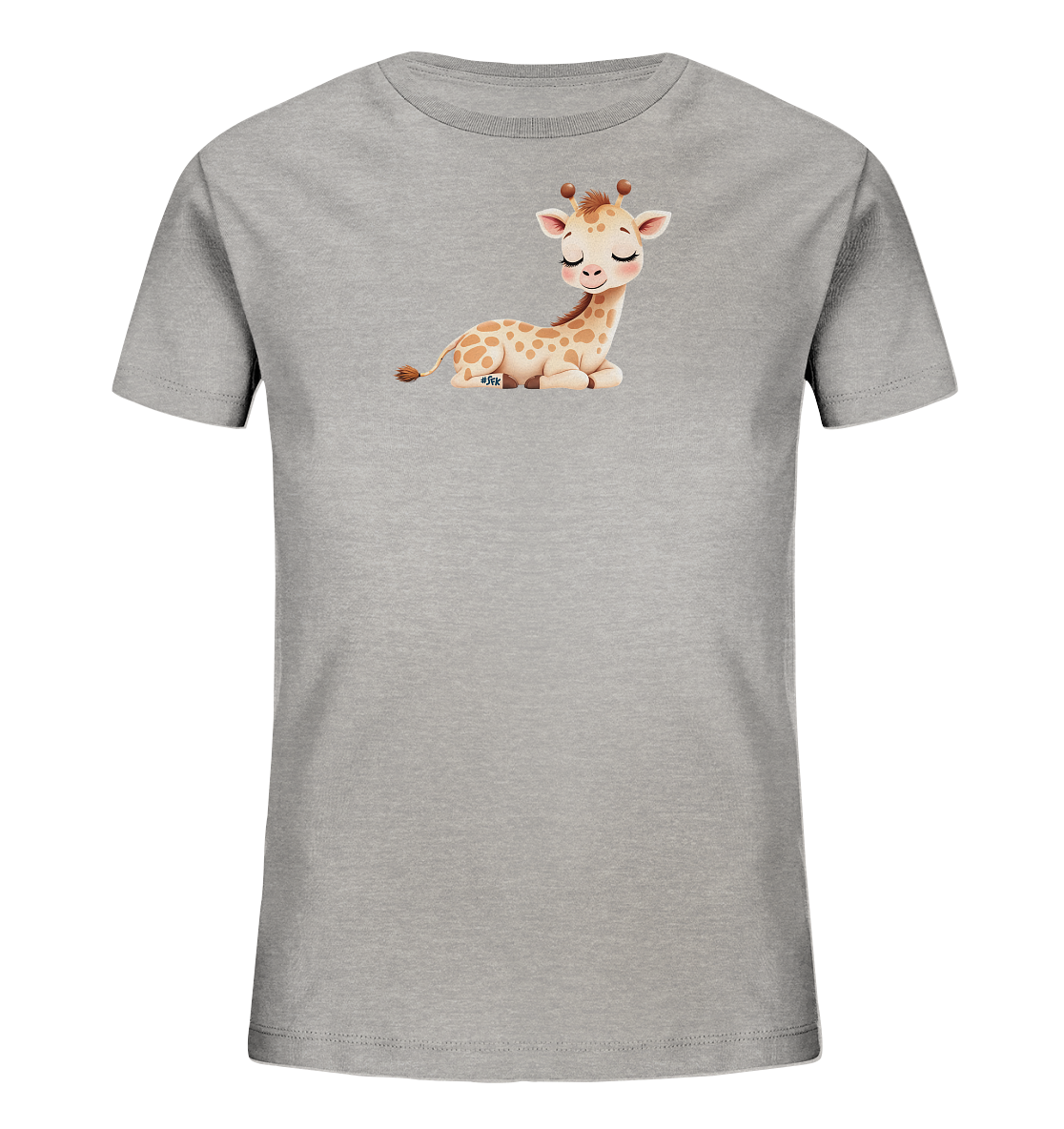 Onlineshop Shirts fuer Kinder - Das Bild zeigt ein graues T-Shirt fuer Kinder. Auf der Vorderseite ist eine niedliche, liegende Baby-Giraffe mit geschlossenen Augen und einem sanften Laecheln abgebildet. Das Design wirkt ruhig und freundlich, ideal fuer kleine Tierliebhaber.