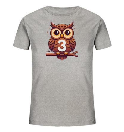Kinder T-Shirt mit Cartoon-Eule auf Ast, großen Augen und Zahl 3