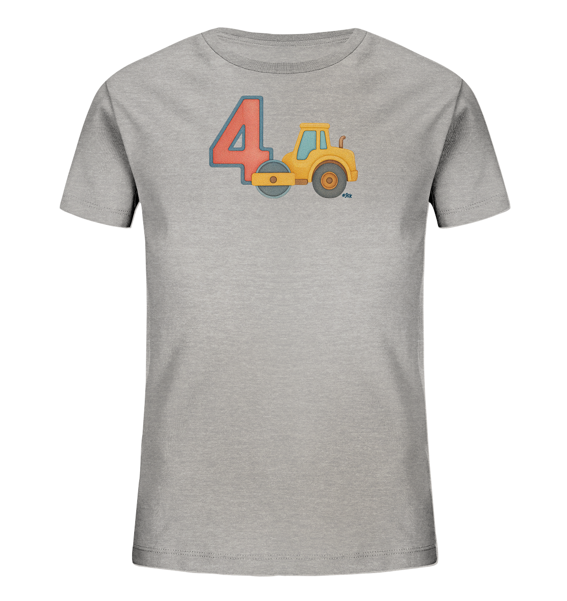 Onlineshop Shirts fuer Kinder - Das Bild zeigt ein graues T-Shirt fuer Kinder mit einem farbigen Aufdruck auf der Vorderseite. Das zentrale Motiv besteht aus einer grossen, roten Zahl Vier mit blauem Rand und einer gelben Strassenwalze direkt daneben. Das Design ist in einem einfachen, kindgerechten Stil gehalten. Dieses Shirt eignet sich gut fuer Kindergeburtstage oder Fans von Baufahrzeugen.