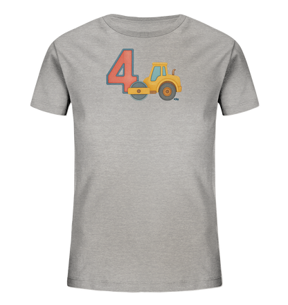 Onlineshop Shirts fuer Kinder - Das Bild zeigt ein graues T-Shirt fuer Kinder mit einem farbigen Aufdruck auf der Vorderseite. Das zentrale Motiv besteht aus einer grossen, roten Zahl Vier mit blauem Rand und einer gelben Strassenwalze direkt daneben. Das Design ist in einem einfachen, kindgerechten Stil gehalten. Dieses Shirt eignet sich gut fuer Kindergeburtstage oder Fans von Baufahrzeugen.