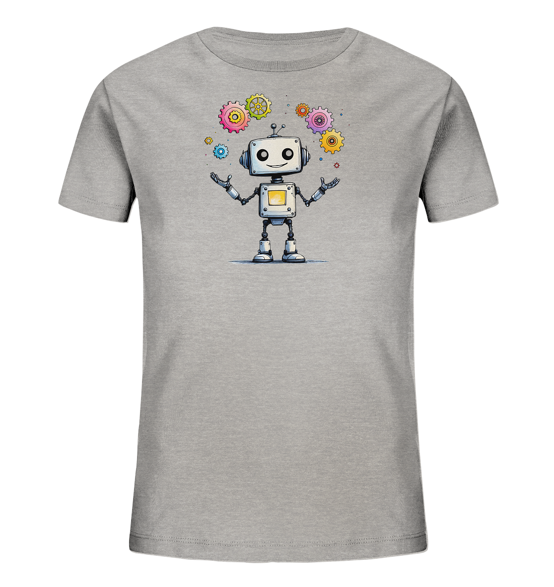 Onlineshop Shirts für Kinder - Das Bild zeigt ein unifarbenes, hellgraues T-Shirt. Auf der Vorderseite ist eine Illustration eines niedlichen, cartoonhaften Roboters abgebildet. Der Roboter hat ein freundliches Gesicht mit großen Augen und wird von mehreren bunten Zahnrädern und kleinen Punkten umkreist. Die Grafik ist in klaren Linien und leuchtenden Farben gehalten, was dem Shirt einen verspielten und technischen Look verleiht, der für Kinder ansprechend ist.