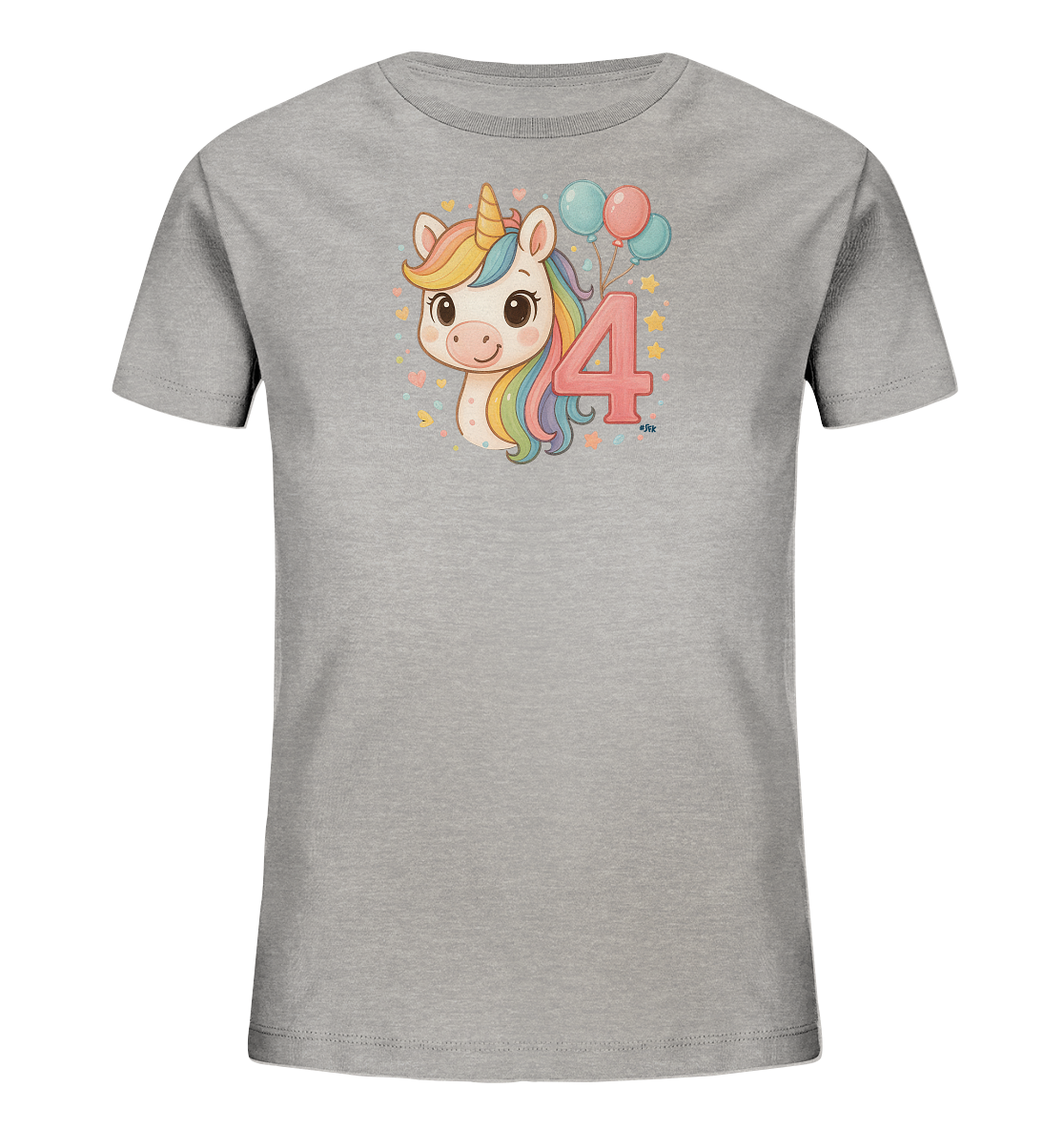 Onlineshop Shirts fuer Kinder - Das Bild zeigt ein graues T-Shirt fuer Kinder mit einem farbenfrohen Aufdruck auf der Vorderseite. Es ist ein niedliches Cartoon-Einhorn mit Regenbogenmaehne und goldenem Horn dargestellt. Neben dem Einhorn ist die rosa Zahl '4' mit blauen und rosa Ballons zu sehen. Das Design wird durch kleine Sterne und Herzen ergaenzt.
