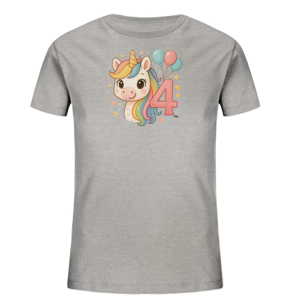 Onlineshop Shirts fuer Kinder - Das Bild zeigt ein graues T-Shirt fuer Kinder mit einem farbenfrohen Aufdruck auf der Vorderseite. Es ist ein niedliches Cartoon-Einhorn mit Regenbogenmaehne und goldenem Horn dargestellt. Neben dem Einhorn ist die rosa Zahl '4' mit blauen und rosa Ballons zu sehen. Das Design wird durch kleine Sterne und Herzen ergaenzt.
