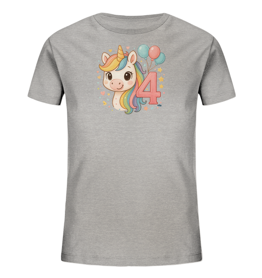 Onlineshop Shirts fuer Kinder - Das Bild zeigt ein graues T-Shirt fuer Kinder mit einem farbenfrohen Aufdruck auf der Vorderseite. Es ist ein niedliches Cartoon-Einhorn mit Regenbogenmaehne und goldenem Horn dargestellt. Neben dem Einhorn ist die rosa Zahl '4' mit blauen und rosa Ballons zu sehen. Das Design wird durch kleine Sterne und Herzen ergaenzt.