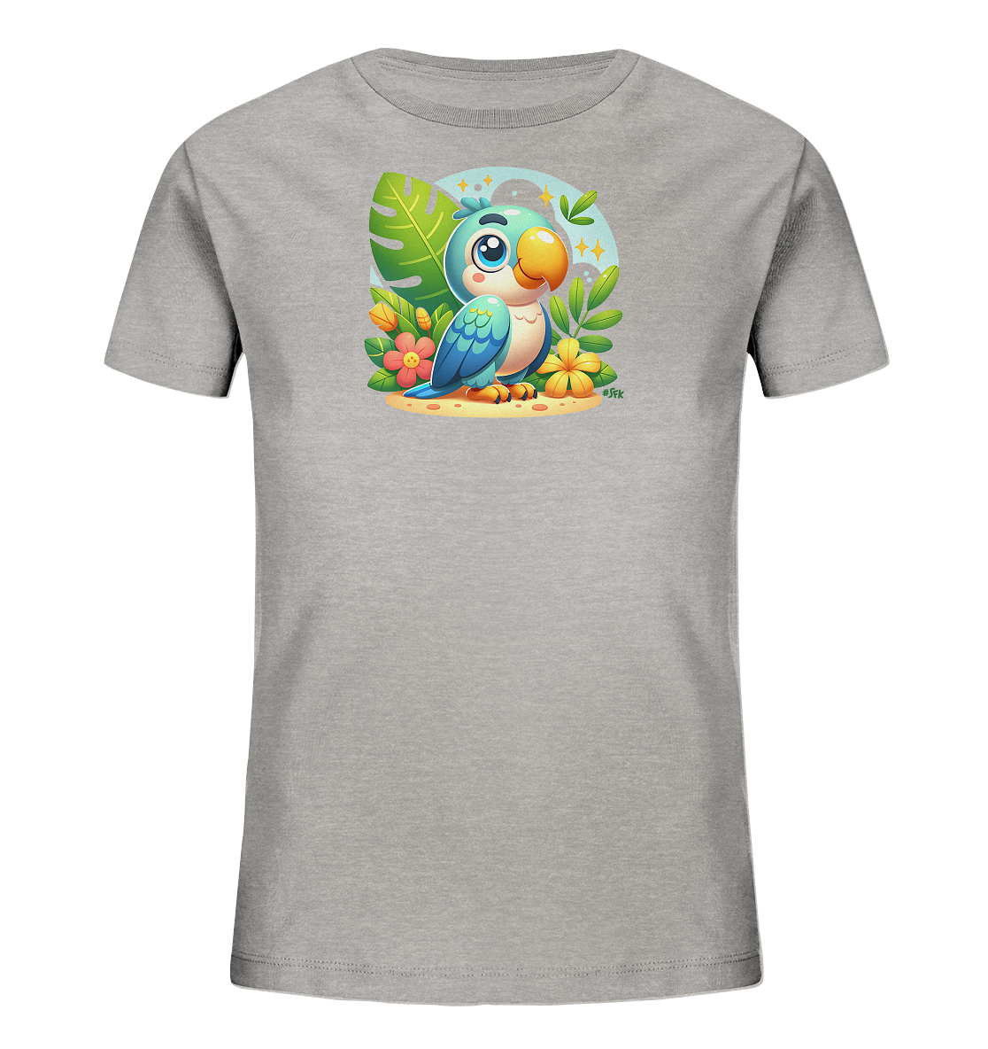 Onlineshop Shirts fuer Kinder - Das Bild zeigt ein hellgraues Kinder-T-Shirt mit einem farbenfrohen Aufdruck auf der Vorderseite. Der Druck stellt einen niedlichen Cartoon-Papagei dar, der in einer tropischen Umgebung mit grossen Blaettern und bunten Blumen sitzt. Das Design ist froehlich und detailliert, mit einem blauen Himmel und funkelnden Sternen im Hintergrund. Dieses Shirt bietet ein ansprechendes Motiv fuer junge Vogelliebhaber.