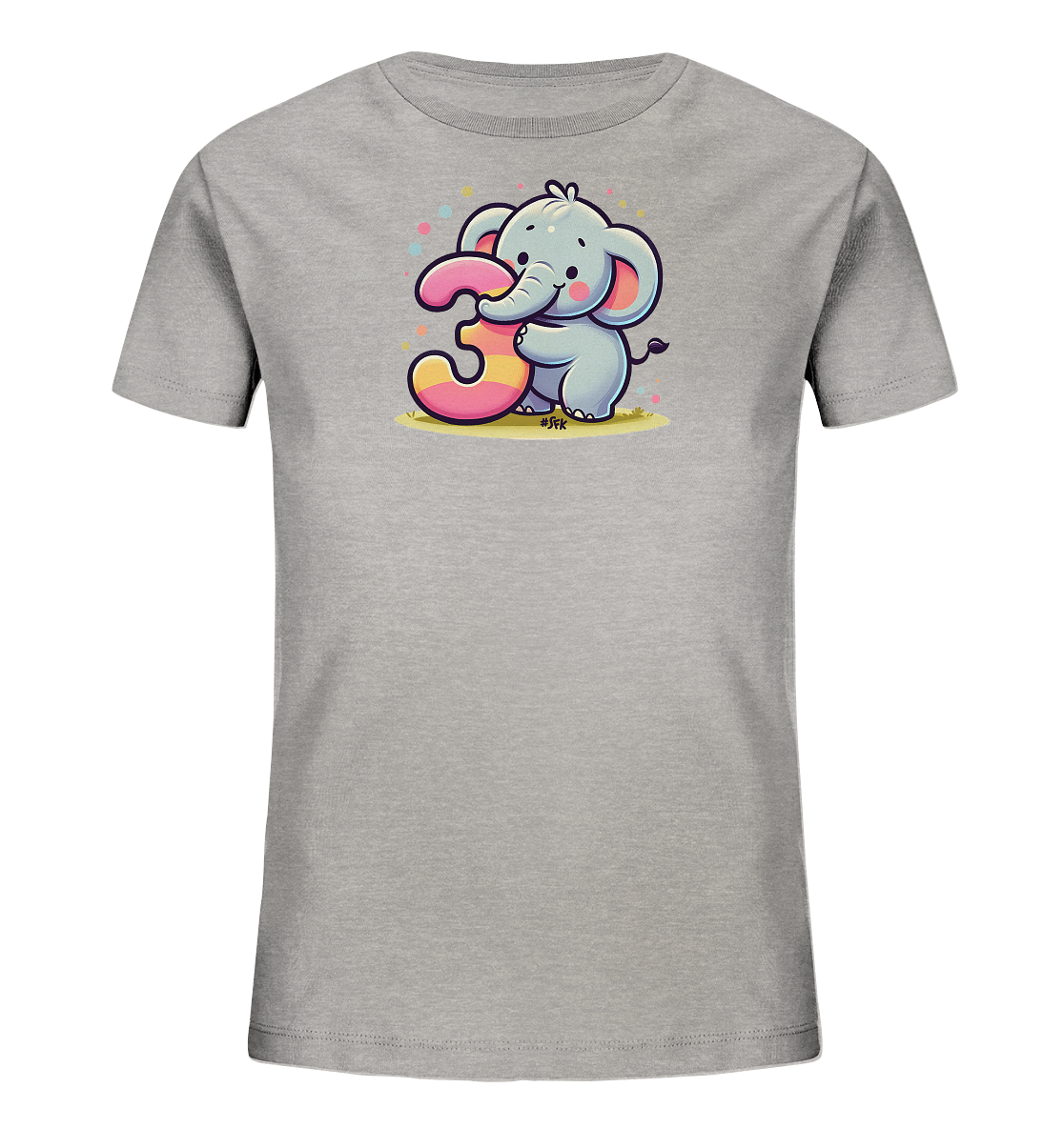 Onlineshop Shirts fuer Kinder - Das Bild zeigt ein graues Kinder-T-Shirt mit einem niedlichen Cartoon-Elefanten auf der Vorderseite. Der Elefant haelt die grosse, bunt gestreifte Zahl 3 mit seinem Ruessel fest. Kleine, farbige Punkte sind um das Motiv herum verstreut, was dem Design einen froehlichen Charakter verleiht. Die Illustration ist verspielt und ansprechend fuer junge Traeger.