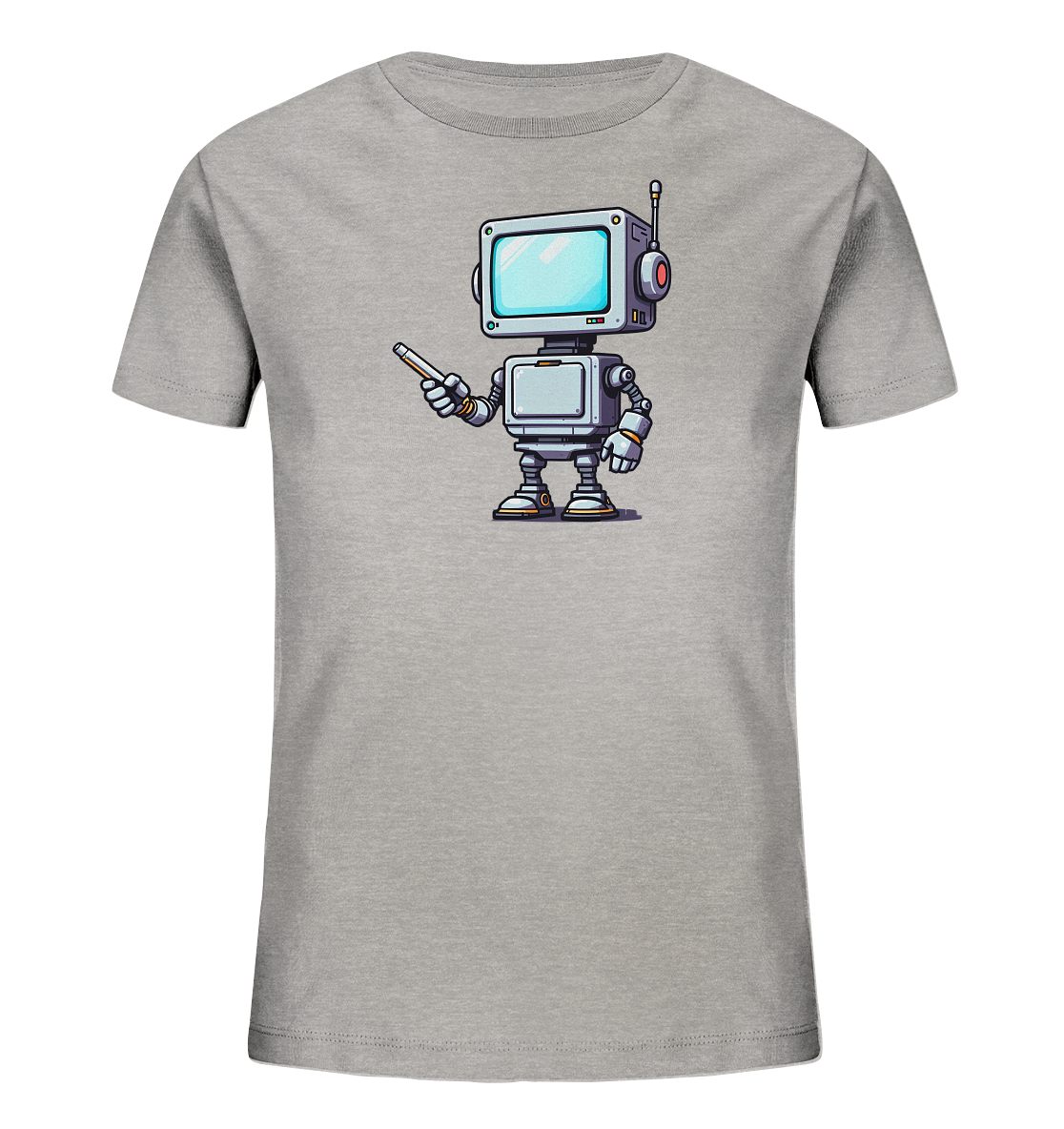 Onlineshop Shirts für Kinder - Das Bild zeigt ein hellgraues Kinder-T-Shirt auf einem schwarzen Hintergrund. Auf der Vorderseite des Shirts ist eine Illustration eines kleinen, freundlichen Roboters zu sehen. Der Roboter hat einen quadratischen Kopf, der wie ein alter Fernseher aussieht, und hält einen Stift in der Hand, als würde er etwas erklären. Das Design ist im Cartoon-Stil gehalten und wirkt modern und verspielt, ideal für technikbegeisterte Kinder.