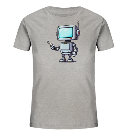Onlineshop Shirts für Kinder - Das Bild zeigt ein hellgraues Kinder-T-Shirt auf einem schwarzen Hintergrund. Auf der Vorderseite des Shirts ist eine Illustration eines kleinen, freundlichen Roboters zu sehen. Der Roboter hat einen quadratischen Kopf, der wie ein alter Fernseher aussieht, und hält einen Stift in der Hand, als würde er etwas erklären. Das Design ist im Cartoon-Stil gehalten und wirkt modern und verspielt, ideal für technikbegeisterte Kinder.