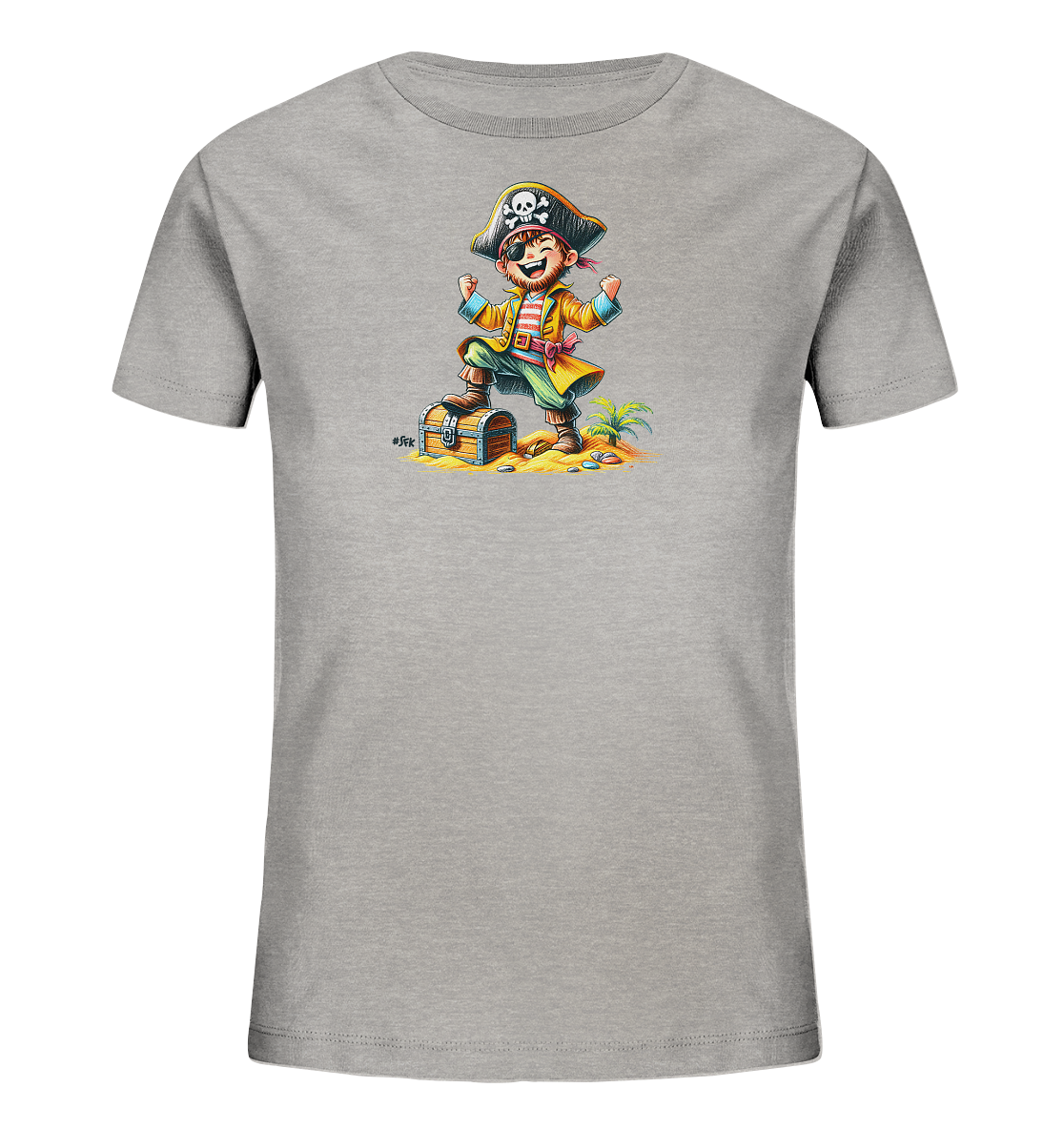 Onlineshop Shirts fuer Kinder - Dieses graue Kinder-T-Shirt zeigt eine lebhafte Illustration eines gluecklichen jungen Piraten. Der Pirat steht triumphierend auf einer Schatzkiste inmitten einer sommerlichen Strandszene mit Palmen und Steinen. Die Darstellung ist detailreich und faengt die Freude ueber den gefundenen Schatz ein. Ein ideales Motiv fuer kleine Abenteurer.