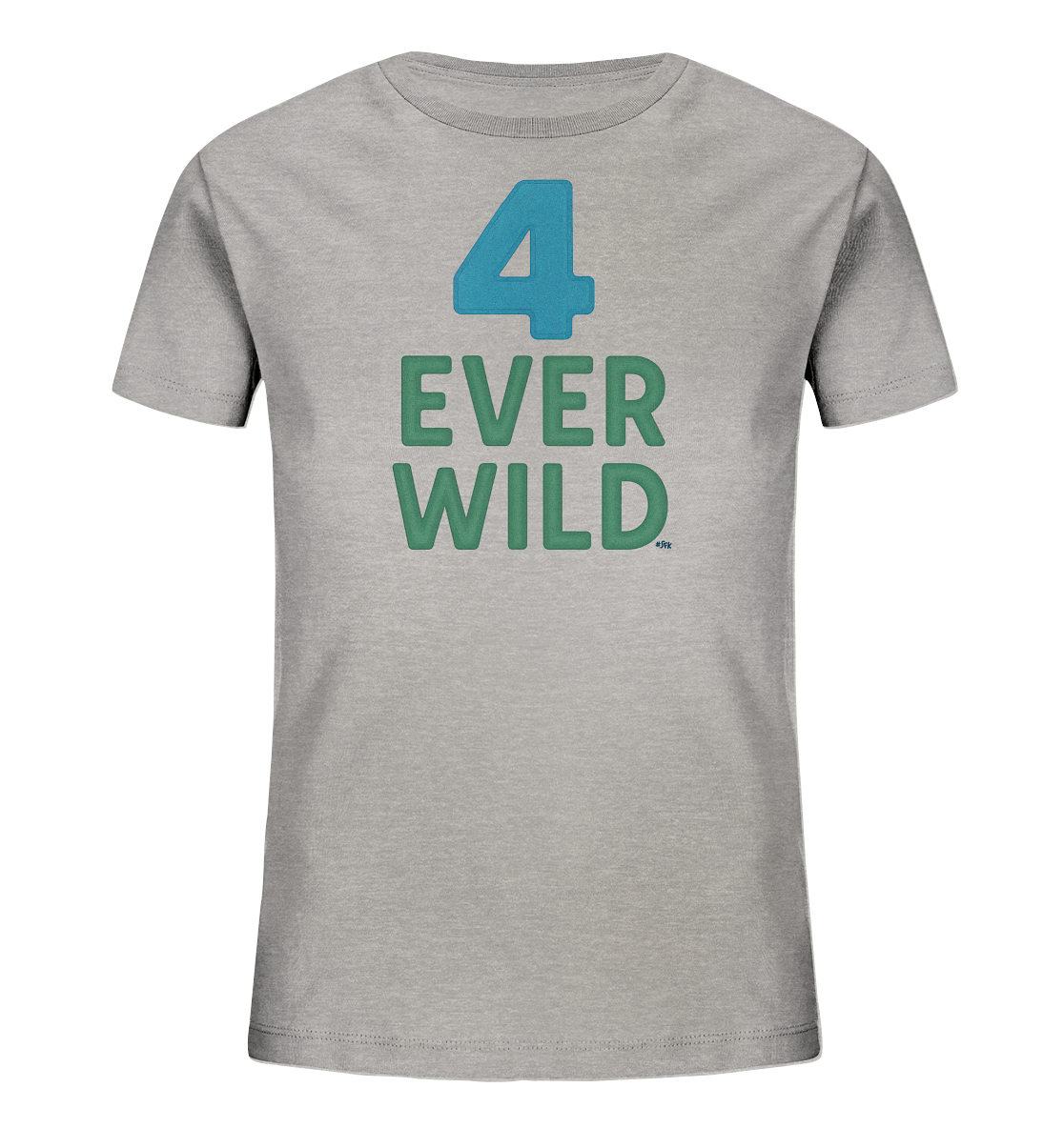 Onlineshop Shirts fuer Kinder - Das Bild zeigt ein graues Kinder-T-Shirt, das auf der Vorderseite bedruckt ist. Oben ist eine grosse blaue Zahl '4' platziert. Darunter steht in gruenen Grossbuchstaben der Schriftzug 'EVER WILD'. Das schlichte Design hebt die farbigen Elemente auf dem grauen Stoff hervor.