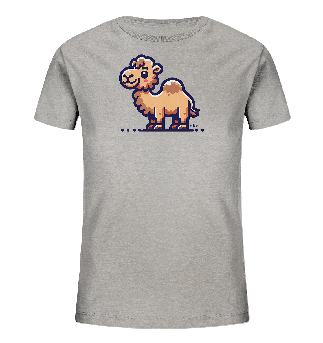 Onlineshop Shirts fuer Kinder - Das Bild zeigt ein hellgraues T-Shirt fuer Kinder. Auf der Vorderseite ist eine niedliche, cartoonhafte Abbildung eines Kamels zu sehen. Das Kamel ist braun dargestellt, hat eine freundliche Ausstrahlung und ist blau umrandet. Es steht auf einer blauen Linie, die von Punkten gesaeumt ist.