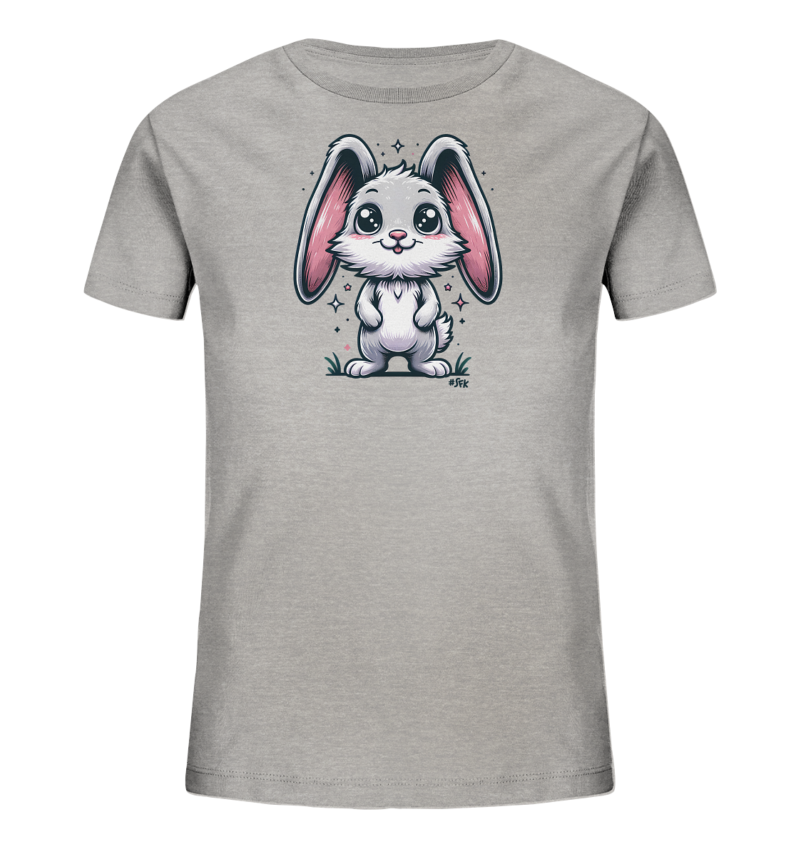 Onlineshop Shirts fuer Kinder - Das Bild zeigt ein graues Kinder-T-Shirt mit einem niedlichen Comic-Hasen. Der Hase ist weiss/grau mit grossen rosa Ohren und einem freundlichen Laecheln. Er steht auf einer kleinen Grasflaeche, umgeben von funkelnden Sternen. Das Design ist kindgerecht und verspielt gestaltet.