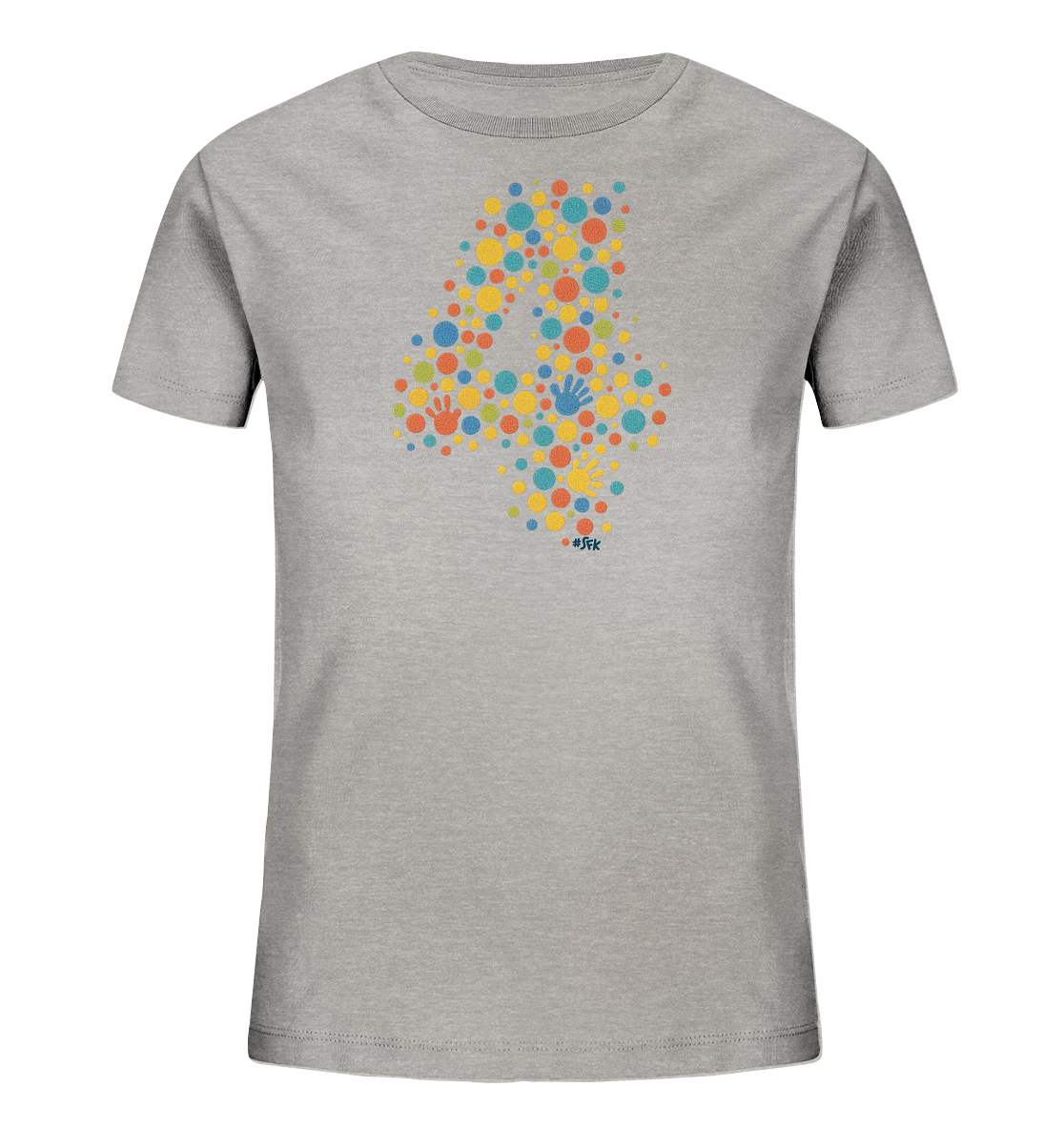 Onlineshop Shirts fuer Kinder - Das graue T-Shirt zeigt eine grosse Zahl Vier, die aus vielen bunten Punkten und kleinen Handabdruecken gebildet wird. Die Punkte haben verschiedene Groessen und Farben wie Gelb, Orange, Blau und Gruen. Dieses verspielte Design ist lebhaft und farbenfroh. Es ist ein froehliches Motiv fuer Kinder.
