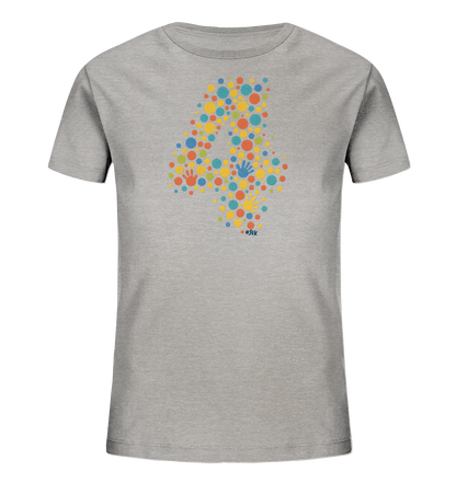 Onlineshop Shirts fuer Kinder - Das graue T-Shirt zeigt eine grosse Zahl Vier, die aus vielen bunten Punkten und kleinen Handabdruecken gebildet wird. Die Punkte haben verschiedene Groessen und Farben wie Gelb, Orange, Blau und Gruen. Dieses verspielte Design ist lebhaft und farbenfroh. Es ist ein froehliches Motiv fuer Kinder.