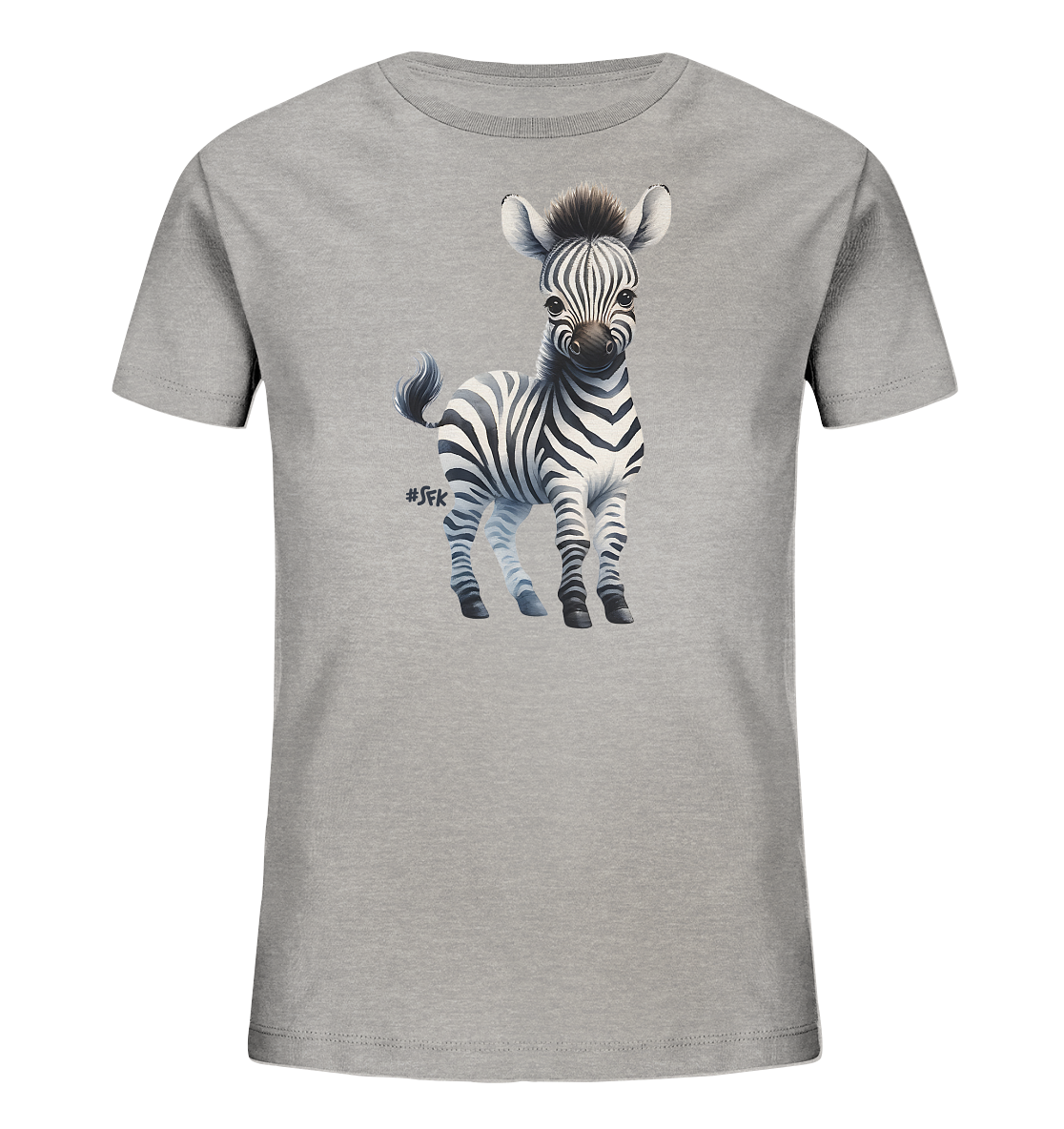 Onlineshop Shirts fuer Kinder - Das Bild zeigt ein graues T-Shirt fuer Kinder mit der Illustration eines niedlichen Baby-Zebras auf der Vorderseite. Das kleine Zebra steht aufrecht und blickt freundlich nach vorne. Seine charakteristischen schwarzen und weissen Streifen sind detailreich dargestellt. Das Design ist ansprechend und verspielt, ideal fuer Kinder.