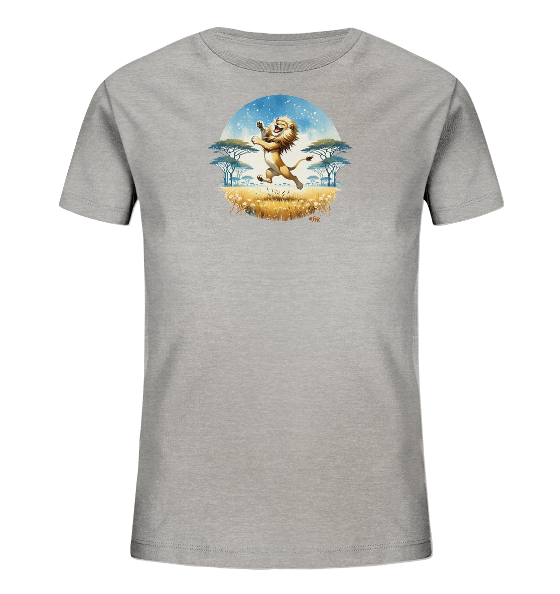 Onlineshop Shirts fuer Kinder - Das Bild zeigt ein hellgraues Kinder-T-Shirt mit einem farbenfrohen Rundmotiv. Darauf ist ein froehlicher, springender Cartoon-Loewe in einer Savannenlandschaft abgebildet. Die Szene umfasst Baeume, hohes Gras und einen Himmel mit Sternen. Das Design ist lebendig und verspielt, perfekt fuer kleine Abenteurer.