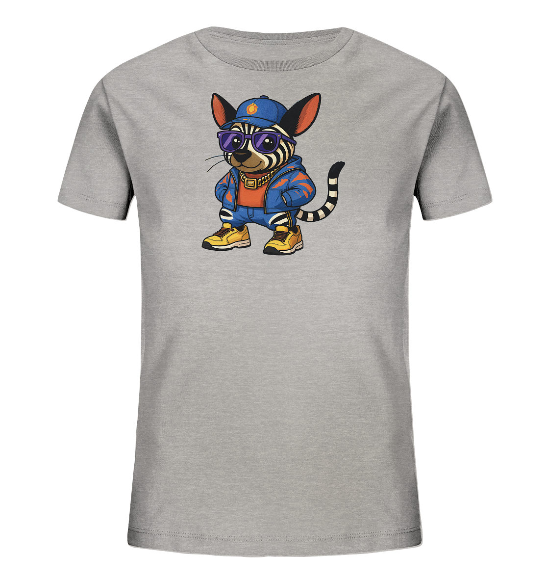 Onlineshop Shirts fuer Kinder - Das Bild zeigt ein hellgraues Kinder-T-Shirt mit einem auffaelligen Aufdruck. Darauf ist eine gestreifte, katzenartige Figur in laessiger Streetwear-Kleidung abgebildet. Die Figur traegt eine blaue Kappe, Sonnenbrille und eine Goldkette, ergaenzt durch eine blaue Jacke, orangefarbenes Oberteil und gelbe Sneakers. Die Darstellung wirkt modern und stylisch.