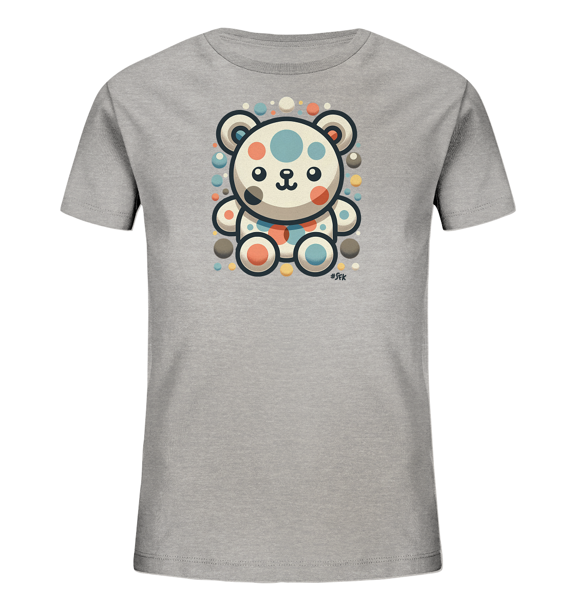 Onlineshop Shirts fuer Kinder - Das Bild zeigt ein graues T-Shirt fuer Kinder mit einem zentralen, cartoonhaften Baerenmotiv. Der Baer ist hell gestaltet und hat farbige Punkte in Blau, Orange und Grau. Zahlreiche kleine, bunte Punkte umgeben die Figur, was dem Design eine froehliche Note verleiht. Dieses verspielte Motiv ist ansprechend fuer Kinder.
