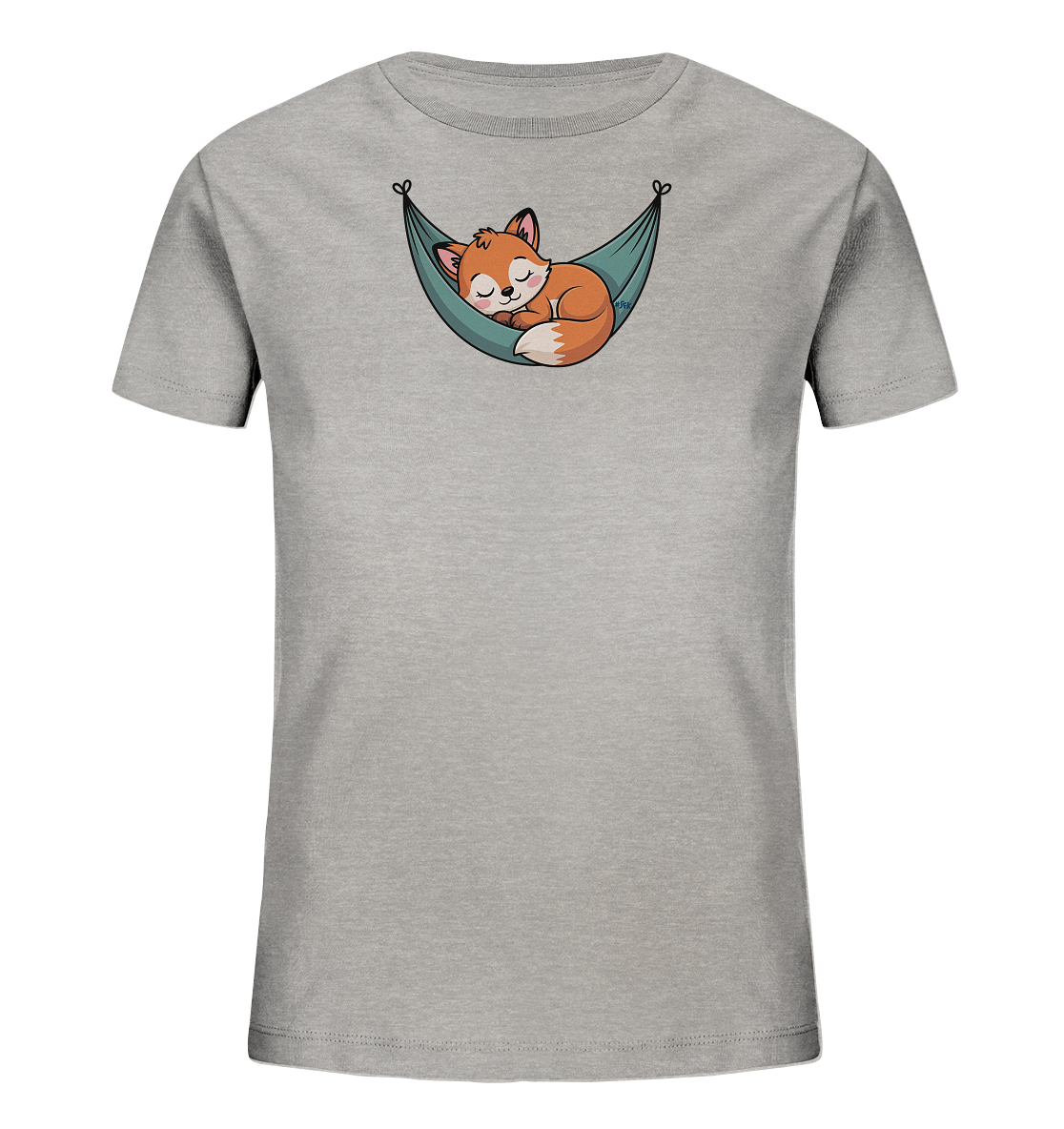Onlineshop Shirts fuer Kinder - Das graue Kinder-T-Shirt zeigt ein charmantes Motiv eines schlafenden Fuchses. Der orangefarbene Fuchs liegt gemuetlich zusammengerollt in einer teal-farbenen Haengematte mit herzfoermigen Schlaufen. Sein friedlicher Gesichtsausdruck mit geschlossenen Augen vermittelt Ruhe. Das Design ist detailreich und ansprechend fuer Kinder.