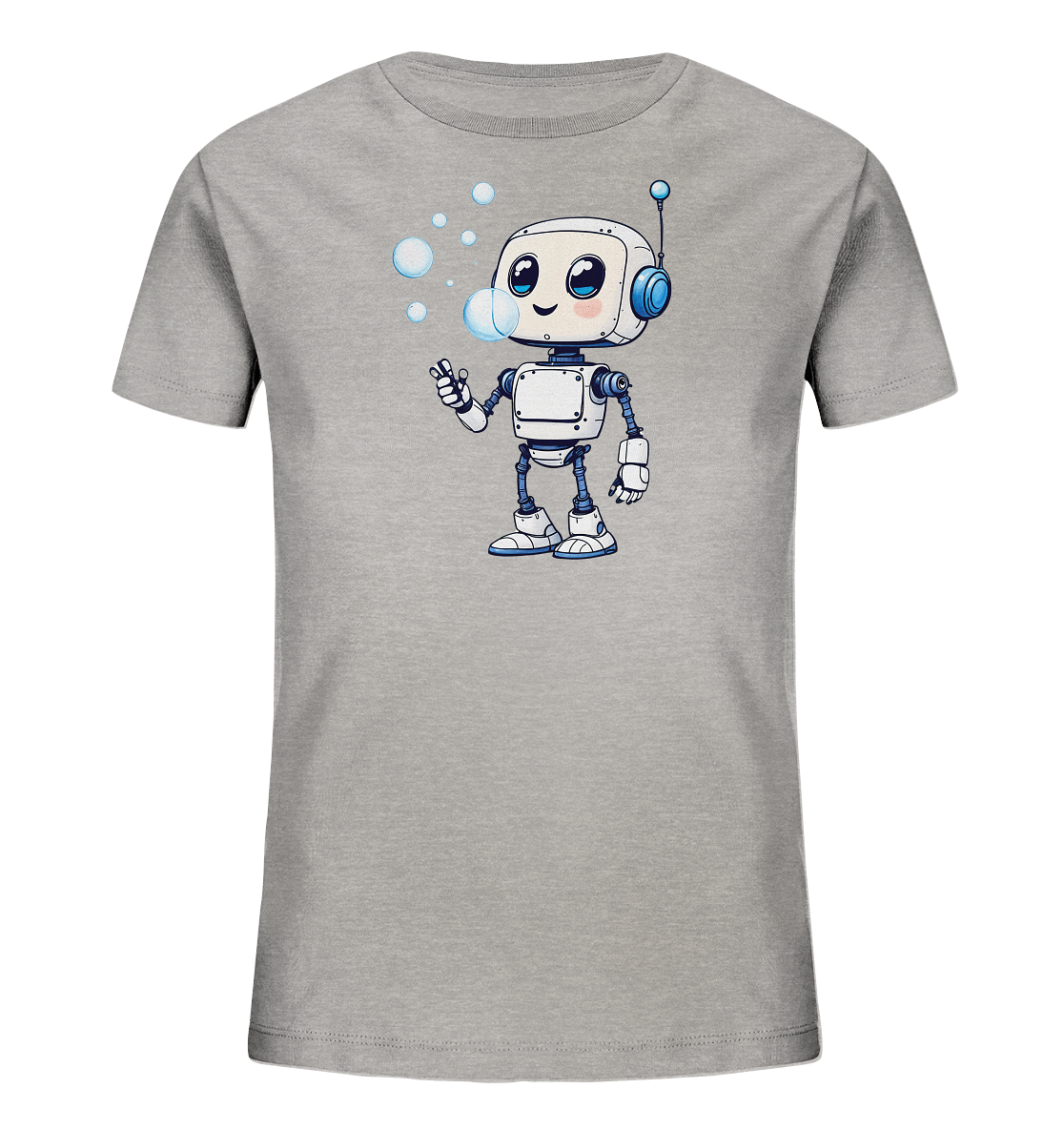 Onlineshop Shirts für Kinder - Das Bild zeigt ein hellgraues Kinder-T-Shirt. Auf der Vorderseite ist eine freundliche Zeichentrick-Illustration eines Roboters zu sehen. Der weiße Roboter mit blauen Details lächelt und pustet eine Reihe von hellblauen Seifenblasen. Die Darstellung ist detailliert und farbenfroh, was dem Shirt einen verspielten Charakter verleiht.