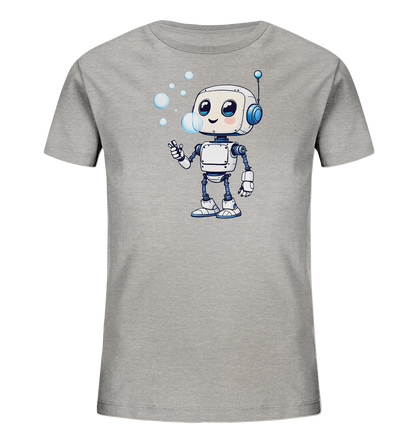 Onlineshop Shirts für Kinder - Das Bild zeigt ein hellgraues Kinder-T-Shirt. Auf der Vorderseite ist eine freundliche Zeichentrick-Illustration eines Roboters zu sehen. Der weiße Roboter mit blauen Details lächelt und pustet eine Reihe von hellblauen Seifenblasen. Die Darstellung ist detailliert und farbenfroh, was dem Shirt einen verspielten Charakter verleiht.