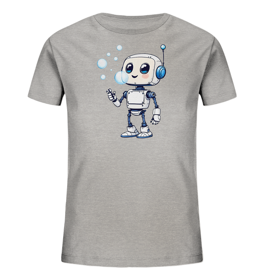 Onlineshop Shirts für Kinder - Das Bild zeigt ein hellgraues Kinder-T-Shirt. Auf der Vorderseite ist eine freundliche Zeichentrick-Illustration eines Roboters zu sehen. Der weiße Roboter mit blauen Details lächelt und pustet eine Reihe von hellblauen Seifenblasen. Die Darstellung ist detailliert und farbenfroh, was dem Shirt einen verspielten Charakter verleiht.