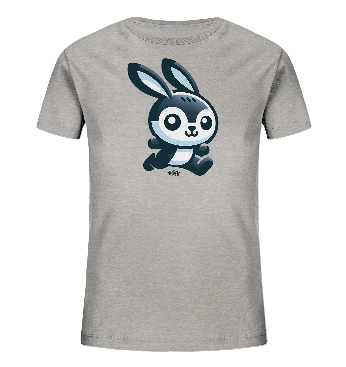 Onlineshop Shirts fuer Kinder - Das Bild zeigt ein graues T-Shirt fuer Kinder mit einem niedlichen Cartoon-Hasenmotiv auf der Vorderseite. Der Hase ist in Schwarz, Weiss und Blautoenen gestaltet und wirkt, als wuerde er springen oder laufen. Er hat grosse Augen und einen freundlichen Ausdruck. Dieses Design verleiht dem Shirt einen verspielten und lebendigen Charakter.