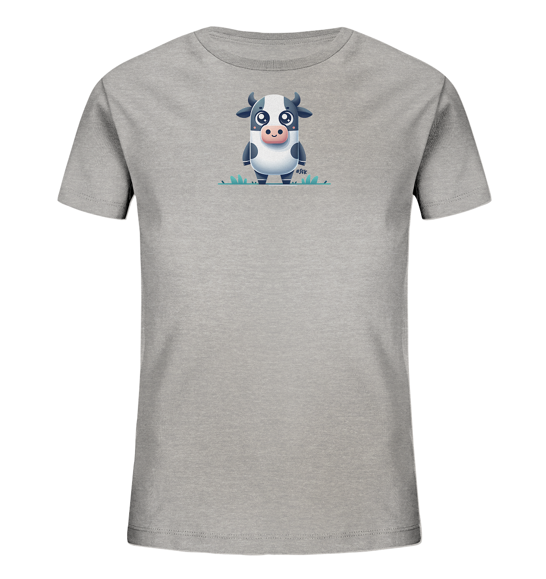 Onlineshop Shirts fuer Kinder - Das Bild zeigt ein hellgraues Kinder-T-Shirt mit einem niedlichen, grafischen Motiv einer schwarz-weissen Kuh auf der Vorderseite. Die cartoonartige Kuh steht auf einer angedeuteten gruenen Wiese und hat grosse, ausdrucksstarke Augen und ein freundliches Gesicht. Das minimalistische Design ist zentriert auf der Brust platziert und verleiht dem Shirt einen verspielten Charakter.