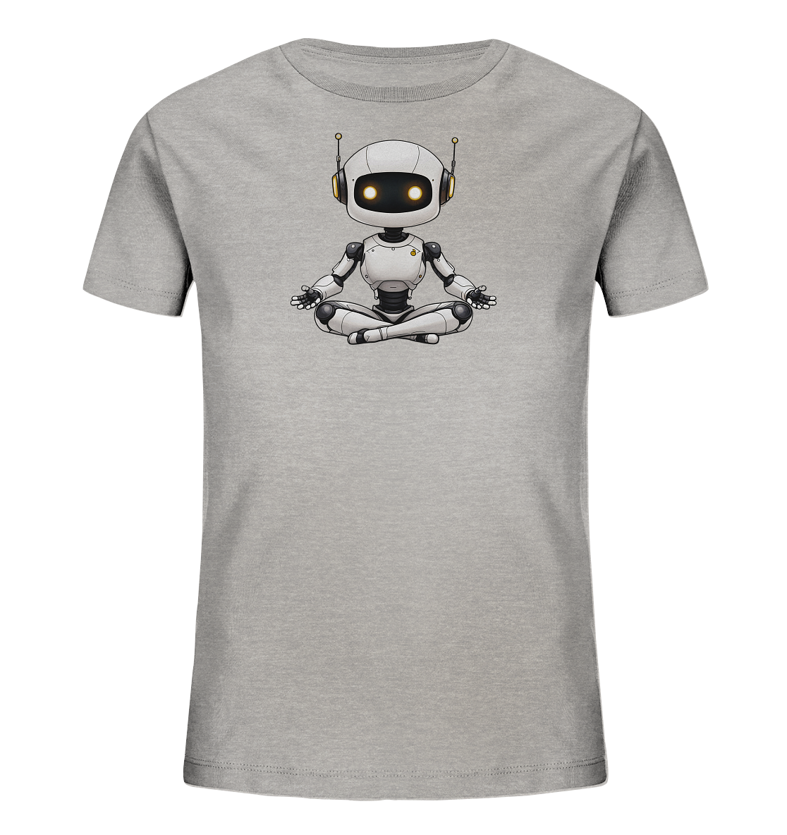 Onlineshop Shirts für Kinder - Das Bild zeigt ein hellgraues meliertes T-Shirt. Auf der Vorderseite ist eine cartoonartige Abbildung eines weißen Roboters in einer meditativen Lotus-Position. Der Roboter hat markante schwarze Augen mit gelblichem Leuchten, Antennen und detailliert gezeichnete Gelenke. Ein kleines gelbes Emblem ziert seine Brust, was dem Shirt einen modernen und friedlichen Look verleiht.