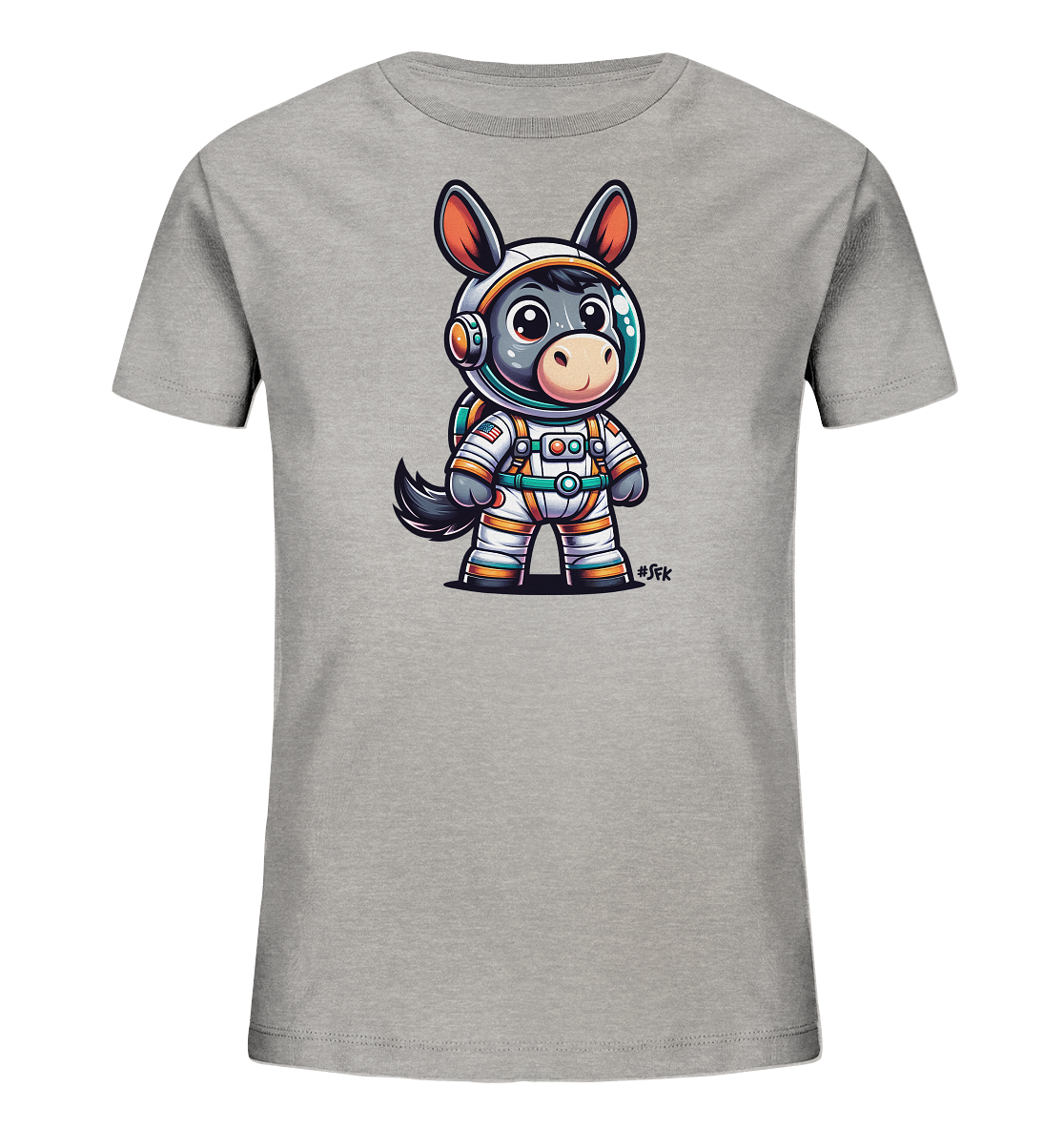 Onlineshop Shirts fuer Kinder - Das Bild zeigt ein hellgraues Kinder T-Shirt mit einem niedlichen Druck auf der Vorderseite. Abgebildet ist ein cartoonartiger Esel in einem detaillierten Astronautenanzug. Der Esel hat grosse Augen und ein freundliches Gesicht und traegt einen Helm mit Visier. Das Motiv ist farbenfroh gestaltet.
