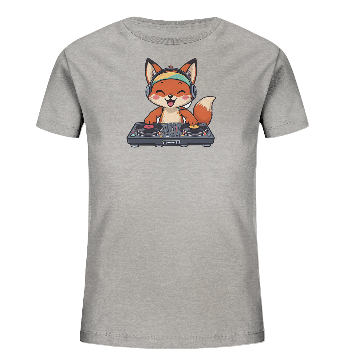 Onlineshop Shirts fuer Kinder - Das Bild zeigt ein graues T-Shirt fuer Kinder. Auf der Vorderseite ist ein froehlicher, cartoonartiger Fuchs abgebildet. Der Fuchs traegt Kopfhoerer und steht hinter einem DJ-Pult mit Plattenspielern. Das Design wirkt verspielt und ausdrucksstark, ideal fuer kleine Musikliebhaber.
