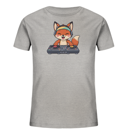 Onlineshop Shirts fuer Kinder - Das Bild zeigt ein graues T-Shirt fuer Kinder. Auf der Vorderseite ist ein froehlicher, cartoonartiger Fuchs abgebildet. Der Fuchs traegt Kopfhoerer und steht hinter einem DJ-Pult mit Plattenspielern. Das Design wirkt verspielt und ausdrucksstark, ideal fuer kleine Musikliebhaber.