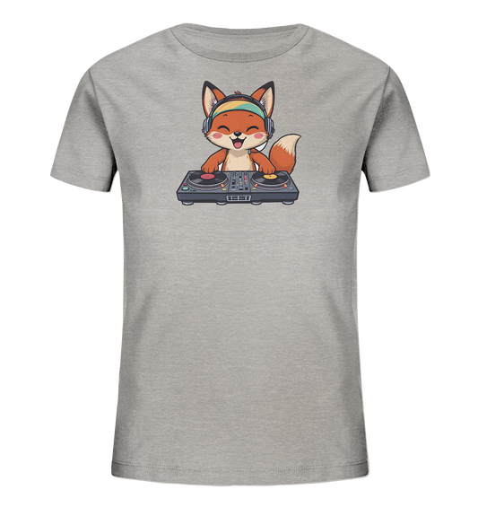 Onlineshop Shirts fuer Kinder - Das Bild zeigt ein graues T-Shirt fuer Kinder. Auf der Vorderseite ist ein froehlicher, cartoonartiger Fuchs abgebildet. Der Fuchs traegt Kopfhoerer und steht hinter einem DJ-Pult mit Plattenspielern. Das Design wirkt verspielt und ausdrucksstark, ideal fuer kleine Musikliebhaber.