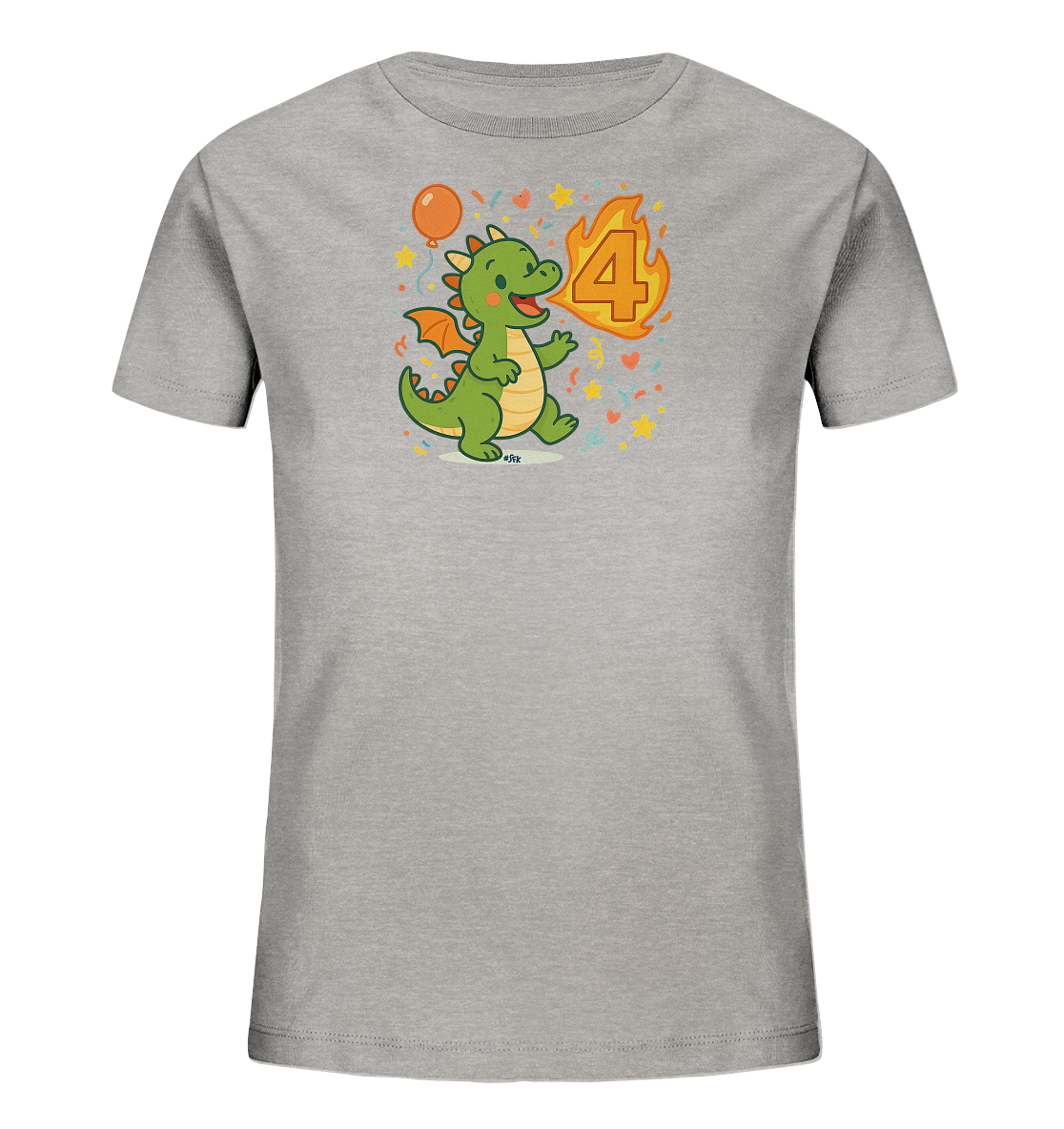 Onlineshop Shirts fuer Kinder - Das Bild zeigt ein graues Kinder-T-Shirt mit einem froehlichen Drachenmotiv. Der gruene Cartoon-Drache laeuft neben der Zahl '4', die von Flammen umgeben ist. Konfetti, Sterne und ein Ballon ergaenzen das farbenfrohe Design. Es ist ein verspieltes Motiv, das auf das Alter vier hinweist.
