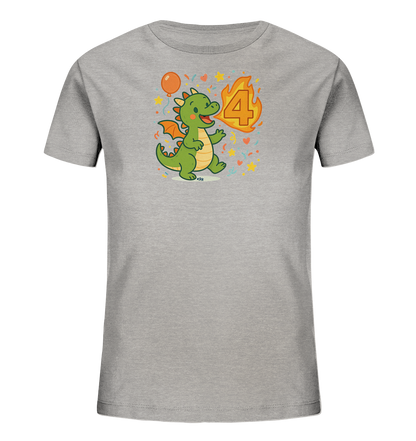 Onlineshop Shirts fuer Kinder - Das Bild zeigt ein graues Kinder-T-Shirt mit einem froehlichen Drachenmotiv. Der gruene Cartoon-Drache laeuft neben der Zahl '4', die von Flammen umgeben ist. Konfetti, Sterne und ein Ballon ergaenzen das farbenfrohe Design. Es ist ein verspieltes Motiv, das auf das Alter vier hinweist.