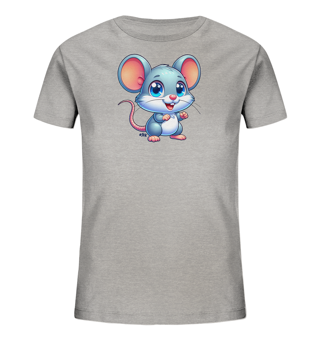 Onlineshop Shirts fuer Kinder - Das Bild zeigt ein graues Kinder-T-Shirt. Auf der Vorderseite ist eine niedliche Cartoon-Maus abgebildet, die aufrecht steht. Die Maus hat grosse Ohren, blaue Augen und ein freundliches Laecheln. Das Design wirkt verspielt und kinderfreundlich.