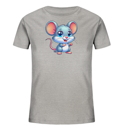 Onlineshop Shirts fuer Kinder - Das Bild zeigt ein graues Kinder-T-Shirt. Auf der Vorderseite ist eine niedliche Cartoon-Maus abgebildet, die aufrecht steht. Die Maus hat grosse Ohren, blaue Augen und ein freundliches Laecheln. Das Design wirkt verspielt und kinderfreundlich.