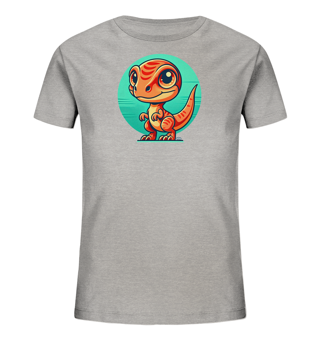 Onlineshop Shirts fuer Kinder - Das Bild zeigt ein graues Kinder-T-Shirt mit einem farbenfrohen Cartoon-Motiv auf der Vorderseite. Im Zentrum steht ein kleiner, orangefarbener Dinosaurier mit grossen Augen und freundlichem Ausdruck. Er ist aufrecht stehend vor einem runden, tuerkisfarbenen Hintergrund mit horizontalen Streifen dargestellt. Das Design wirkt froehlich und verspielt.