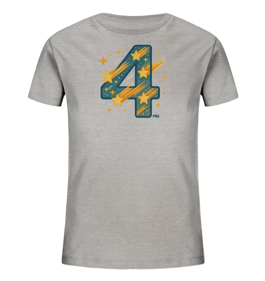 Onlineshop Shirts fuer Kinder - Das graue T-Shirt fuer Kinder ist mit einer grossen, grafisch gestalteten Zahl Vier verziert. Die Zahl ist in Blau gehalten und mit gelben Sternen sowie kometenartigen Schweifen gefuellt. Kleine Sterne und Punkte sind um die Vier herum platziert, was ein dynamisches Muster ergibt. Das Design wirkt festlich und energiegeladen.