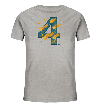 Onlineshop Shirts fuer Kinder - Das graue T-Shirt fuer Kinder ist mit einer grossen, grafisch gestalteten Zahl Vier verziert. Die Zahl ist in Blau gehalten und mit gelben Sternen sowie kometenartigen Schweifen gefuellt. Kleine Sterne und Punkte sind um die Vier herum platziert, was ein dynamisches Muster ergibt. Das Design wirkt festlich und energiegeladen.