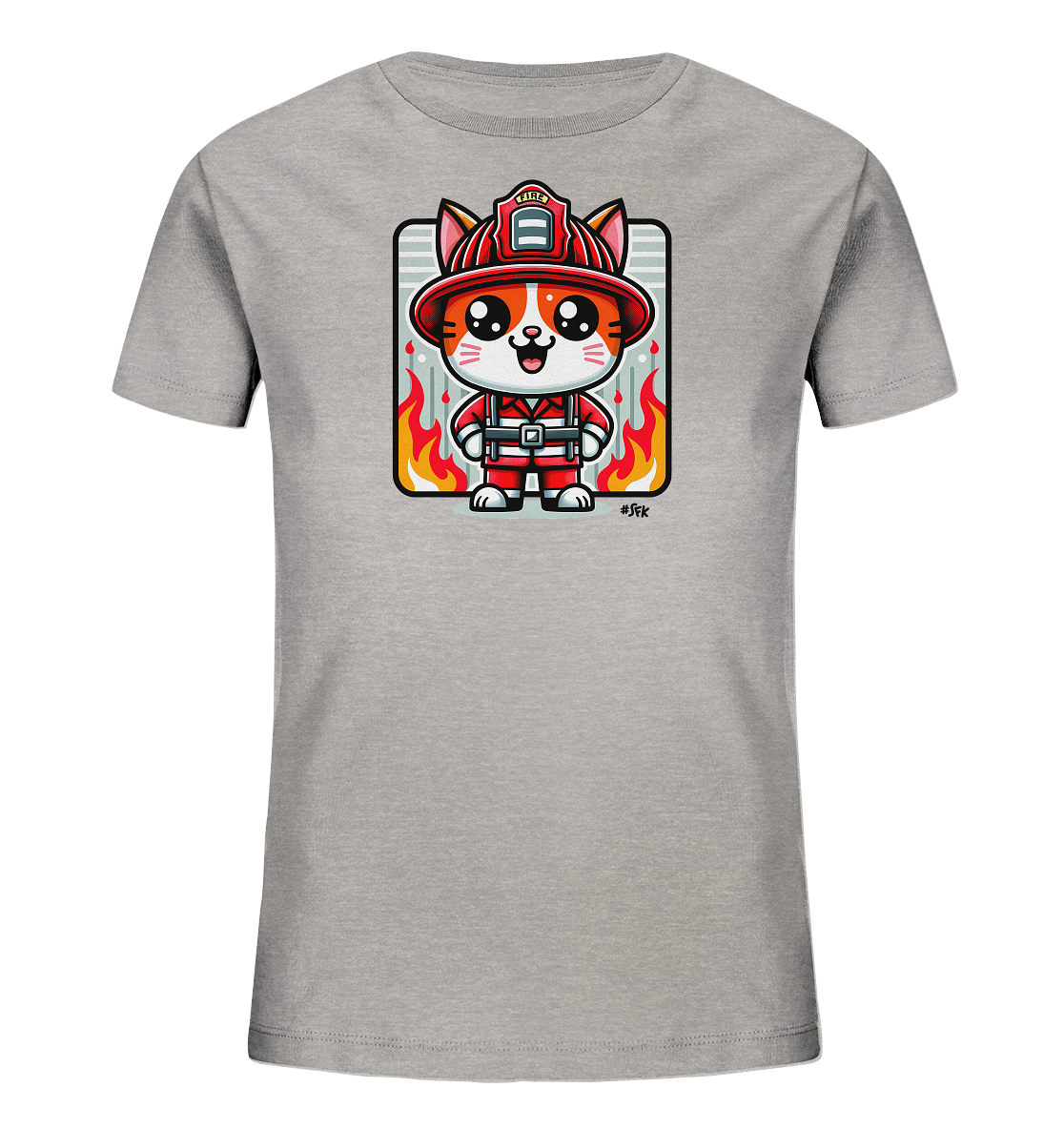 Onlineshop Shirts fuer Kinder - Das Bild zeigt ein graues Kinder-T-Shirt mit einem auffaelligen Aufdruck auf der Vorderseite. Der Aufdruck stellt eine niedliche, cartoonartige Katze in einer roten Feuerwehruniform dar. Die Katze traegt einen Helm und steht vor einem Hintergrund mit horizontalen Streifen und stilisierten Flammen. Das Design ist farbenfroh und vermittelt einen heldenhaften und verspielten Eindruck.